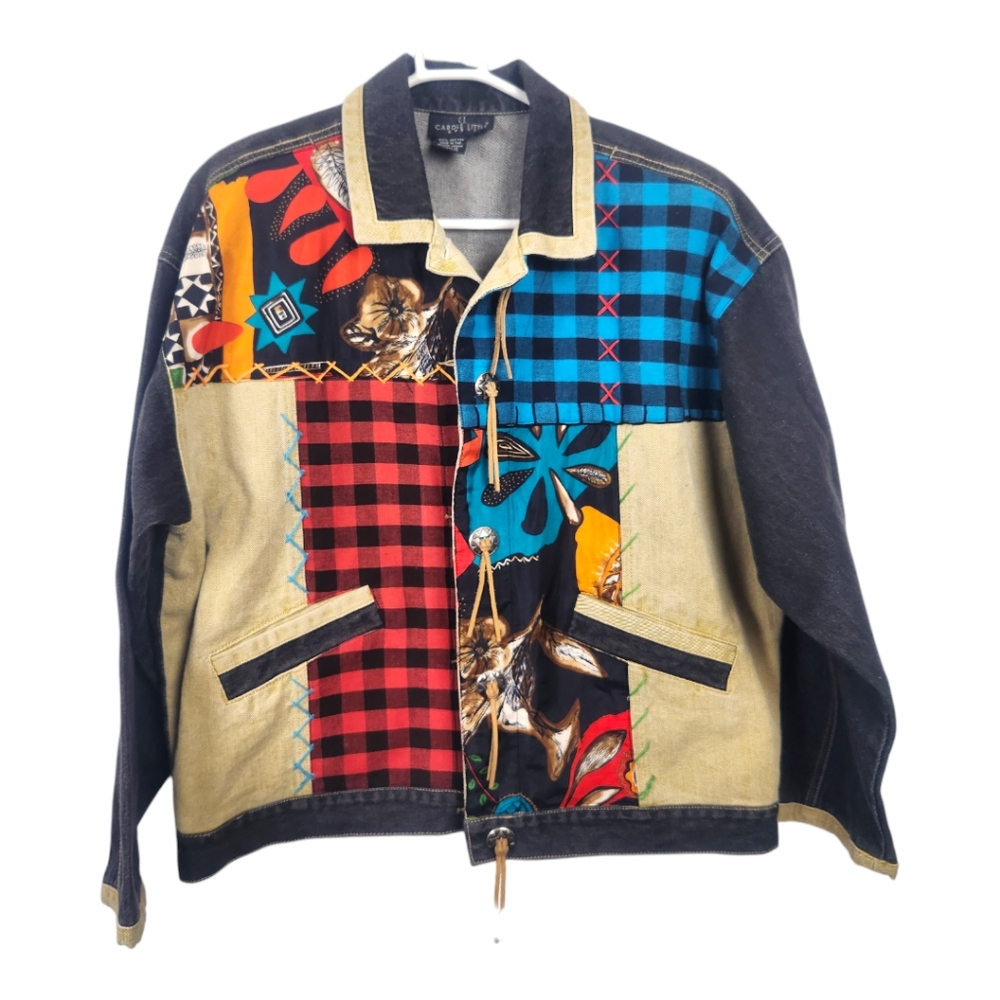 Vtg Carol Little Western Patchwork Denim Jacket Buffalo Plaid Tassel Size 10